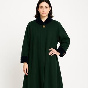 1980s Forest Green Wool Swing Coat w/ Velvet Trim by Stephanie Mathews L-XL